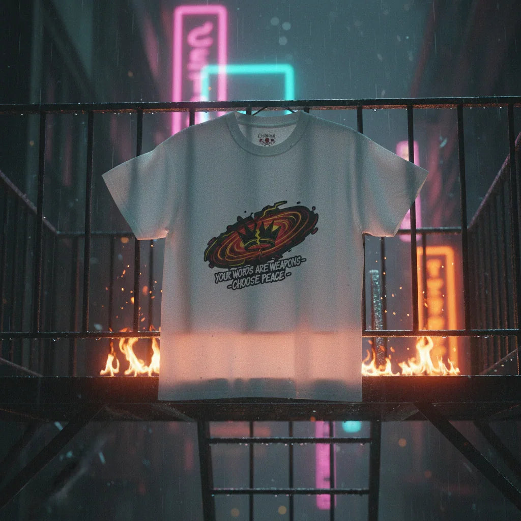 Graphic t-shirt with 'Your words are weapons—choose peace' text, fire escape, neon city lights