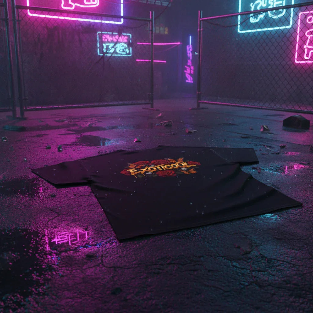 Exoticool graphic t-shirt on wet street with neon lights and urban fence background