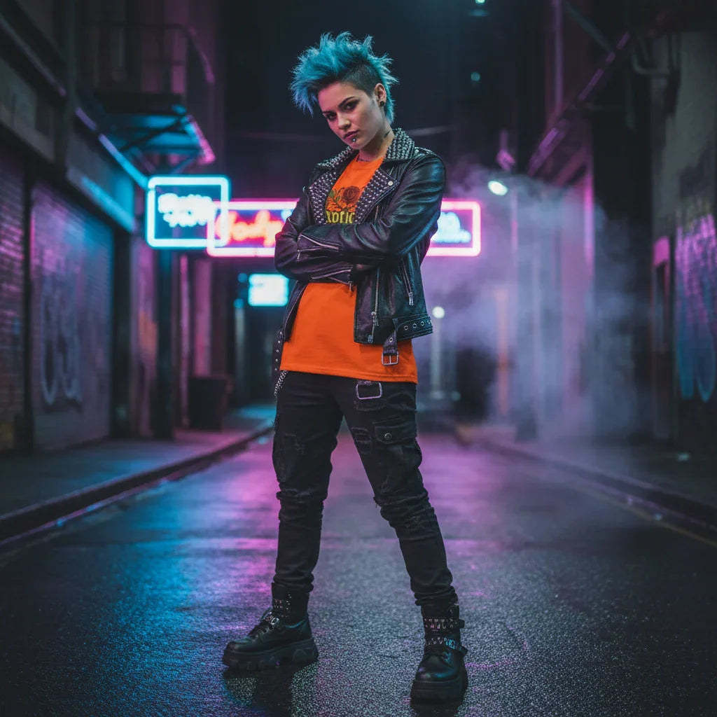 Blue-haired punk in leather jacket and orange shirt standing in neon-lit urban alley