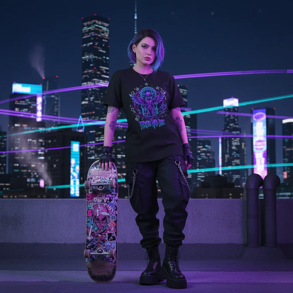 Edgy woman with purple hair holds graffiti skateboard on rooftop at night, city lights glow