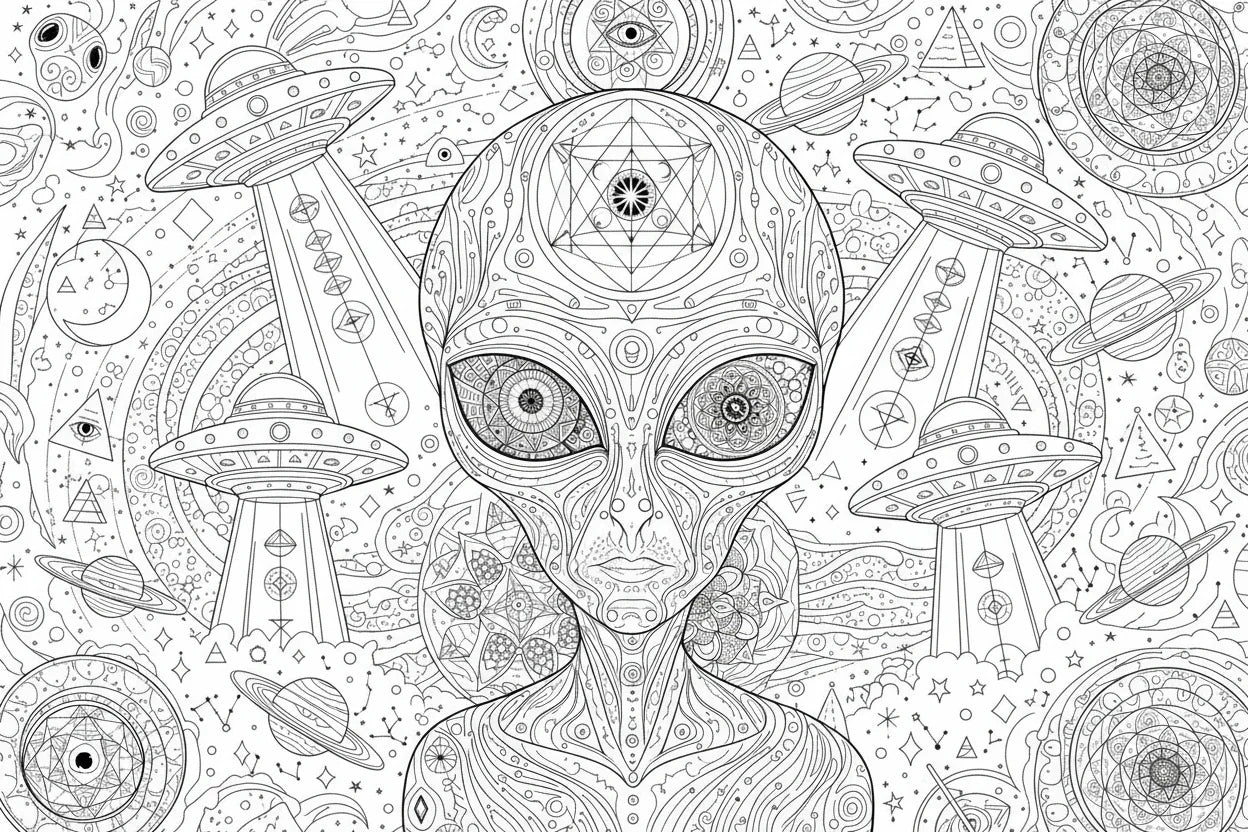 Alien with intricate patterns, surrounded by UFOs and planets, black and white design