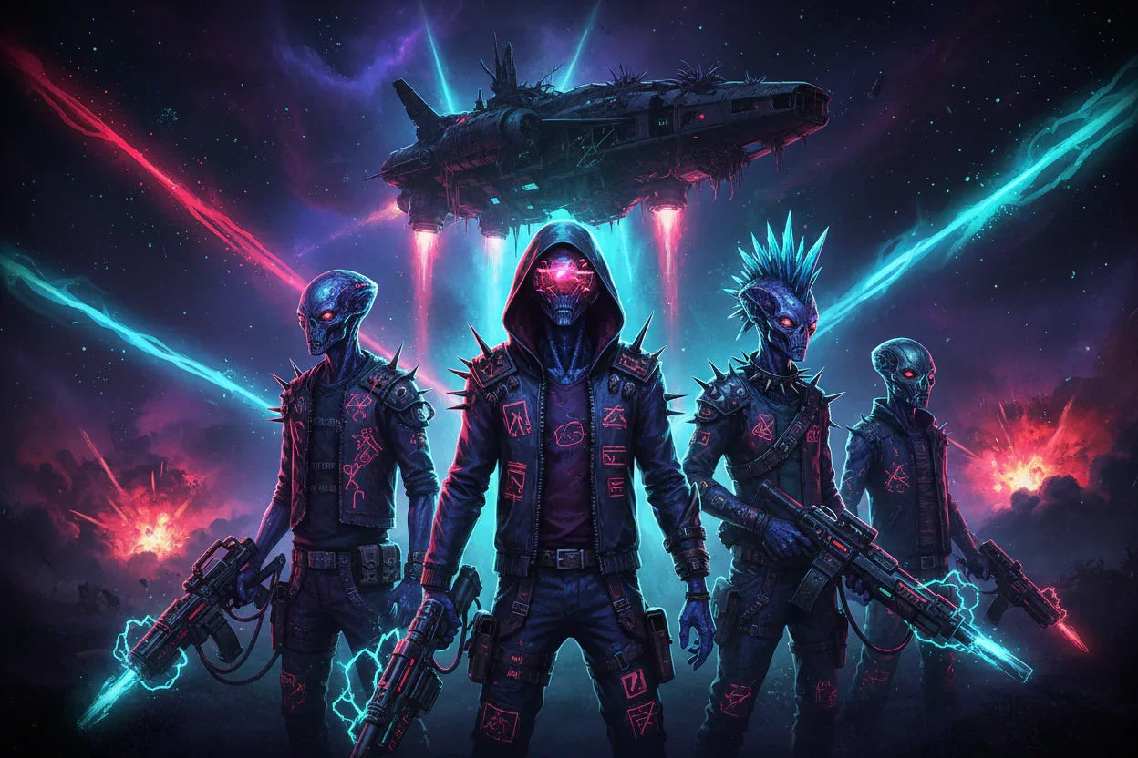 Futuristic neon cyberpunk aliens with glowing weapons, spaceship in a vivid sci-fi galaxy scene