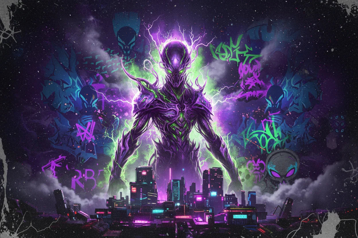 Futuristic alien figure with glowing purple and green energy over neon city skyline, graffiti background