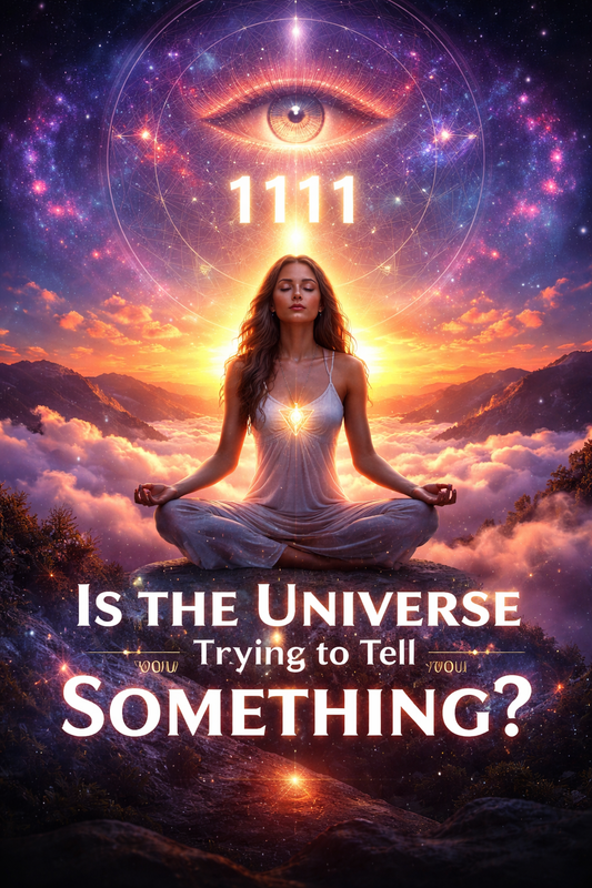 Young woman meditating on a mountaintop at sunrise with glowing triangle on her chest, a giant ethereal eye above, 1111 numbers floating, cosmic patterns and neon lights, representing hidden signals and being chosen