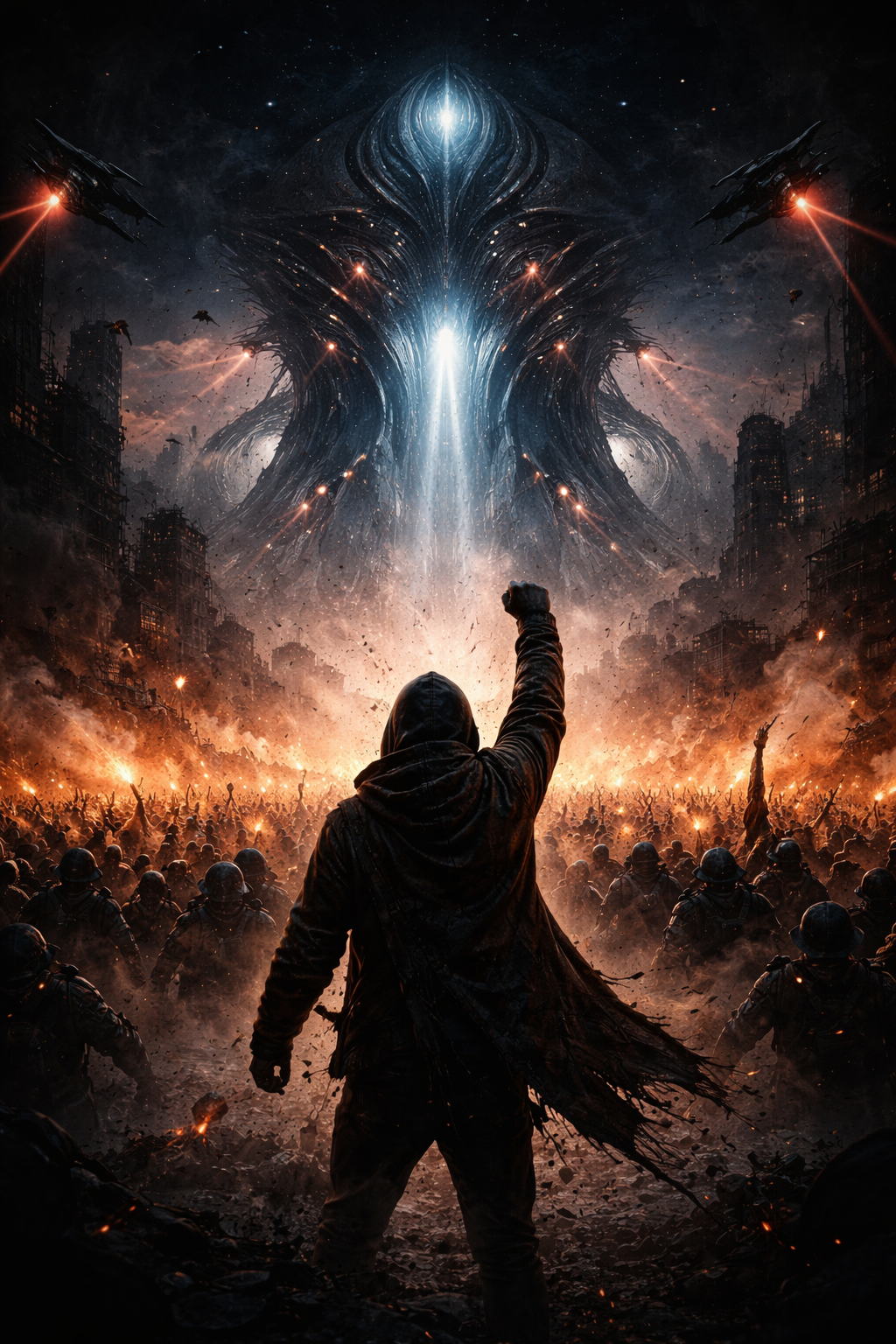 A lone rebel in a hoodie raises a fist toward a massive cosmic alien entity in the sky, surrounded by a crowd of thousands — the signal awakens, the rebellion begins. Exoticool alien streetwear.