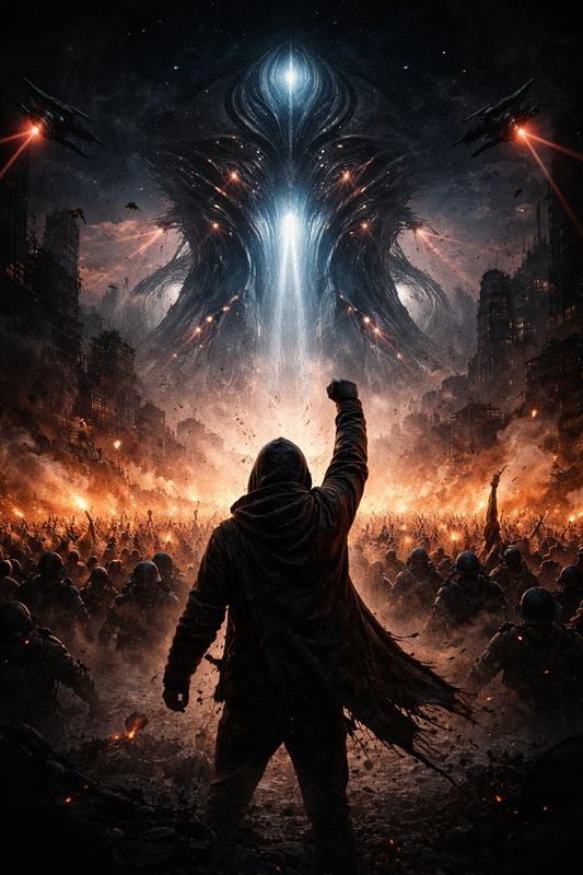 A lone rebel in a hoodie raises a fist toward a massive cosmic alien entity in the sky, surrounded by a crowd of thousands — the signal awakens, the rebellion begins. Exoticool alien streetwear.