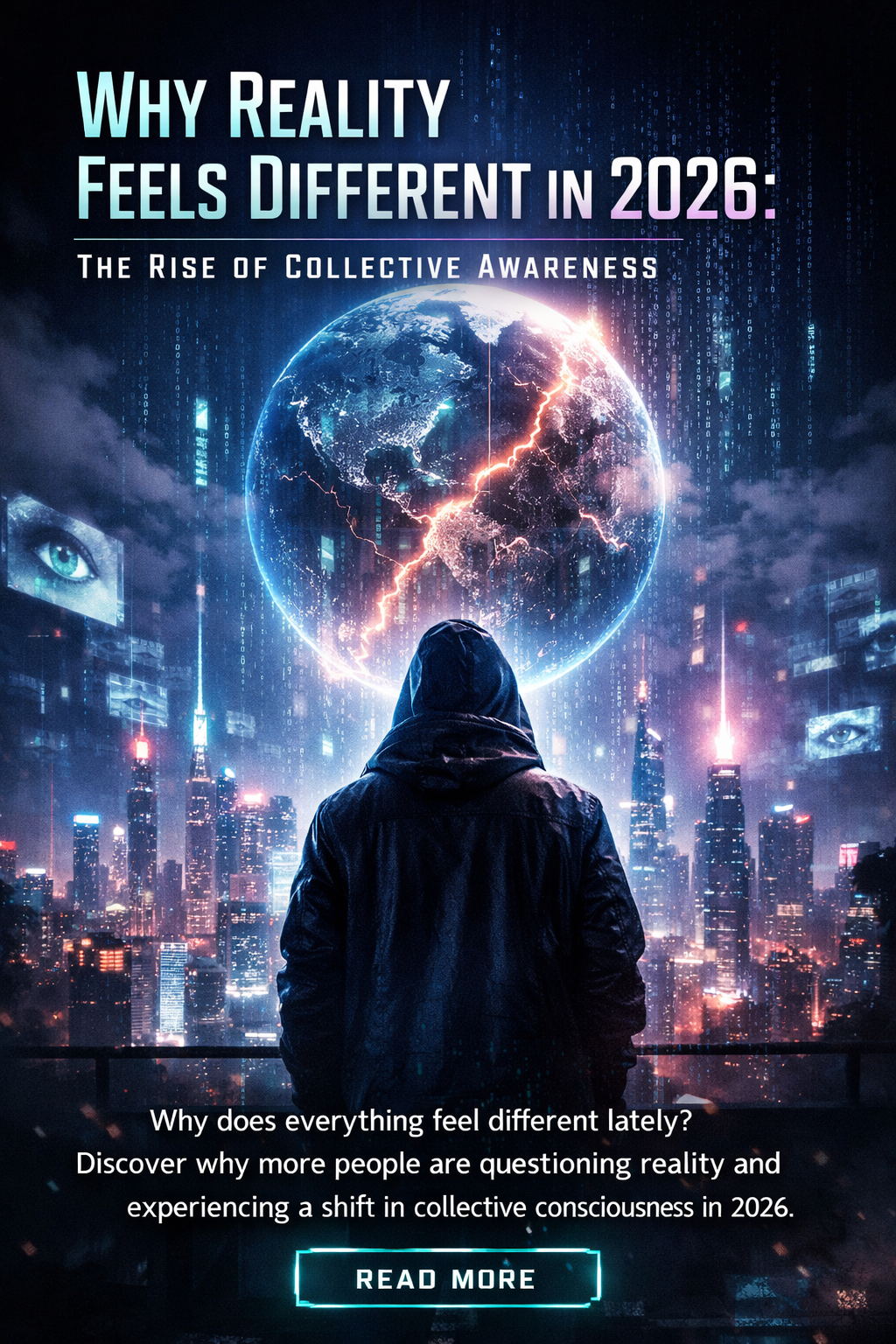 Futuristic hooded figure overlooking a neon cyberpunk city with a fractured holographic Earth in the sky, symbolizing a shift in perception and collective consciousness in 2026