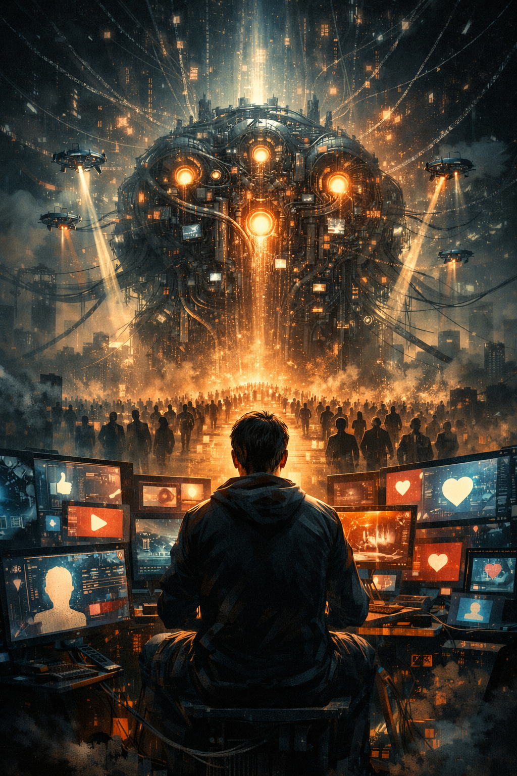 Cinematic sci-fi scene of a person surrounded by glowing screens, facing a massive AI-like machine towering over a crowd, symbolizing the power of attention, social media, and collective influence