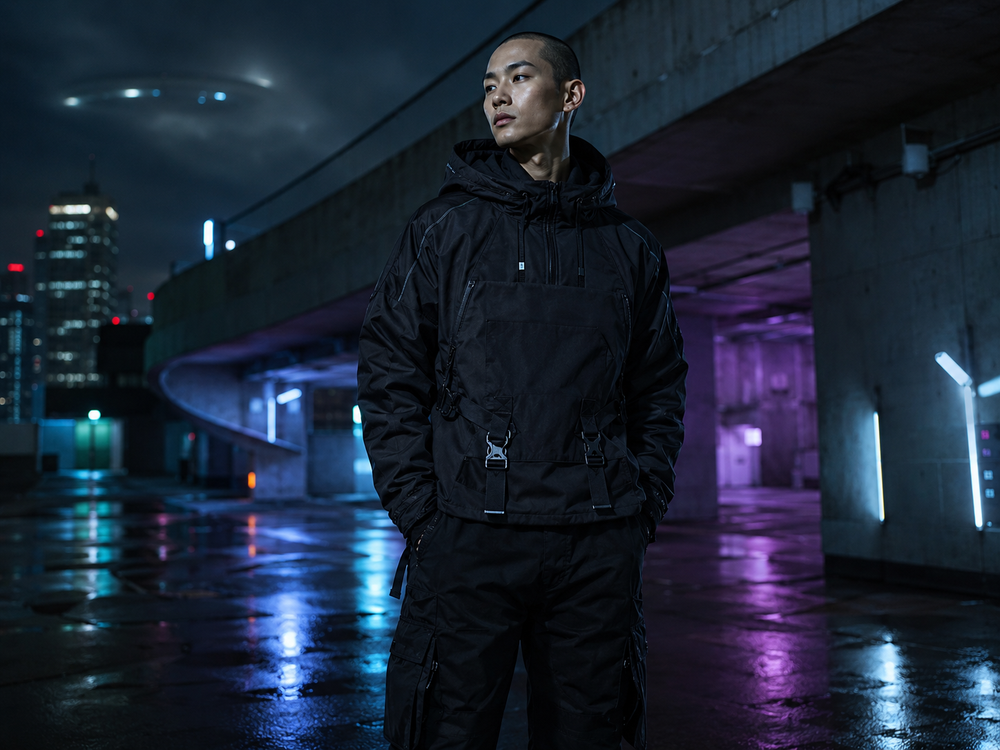Model wearing black futuristic streetwear beneath a city overpass at night with subtle UFO lights in the sky