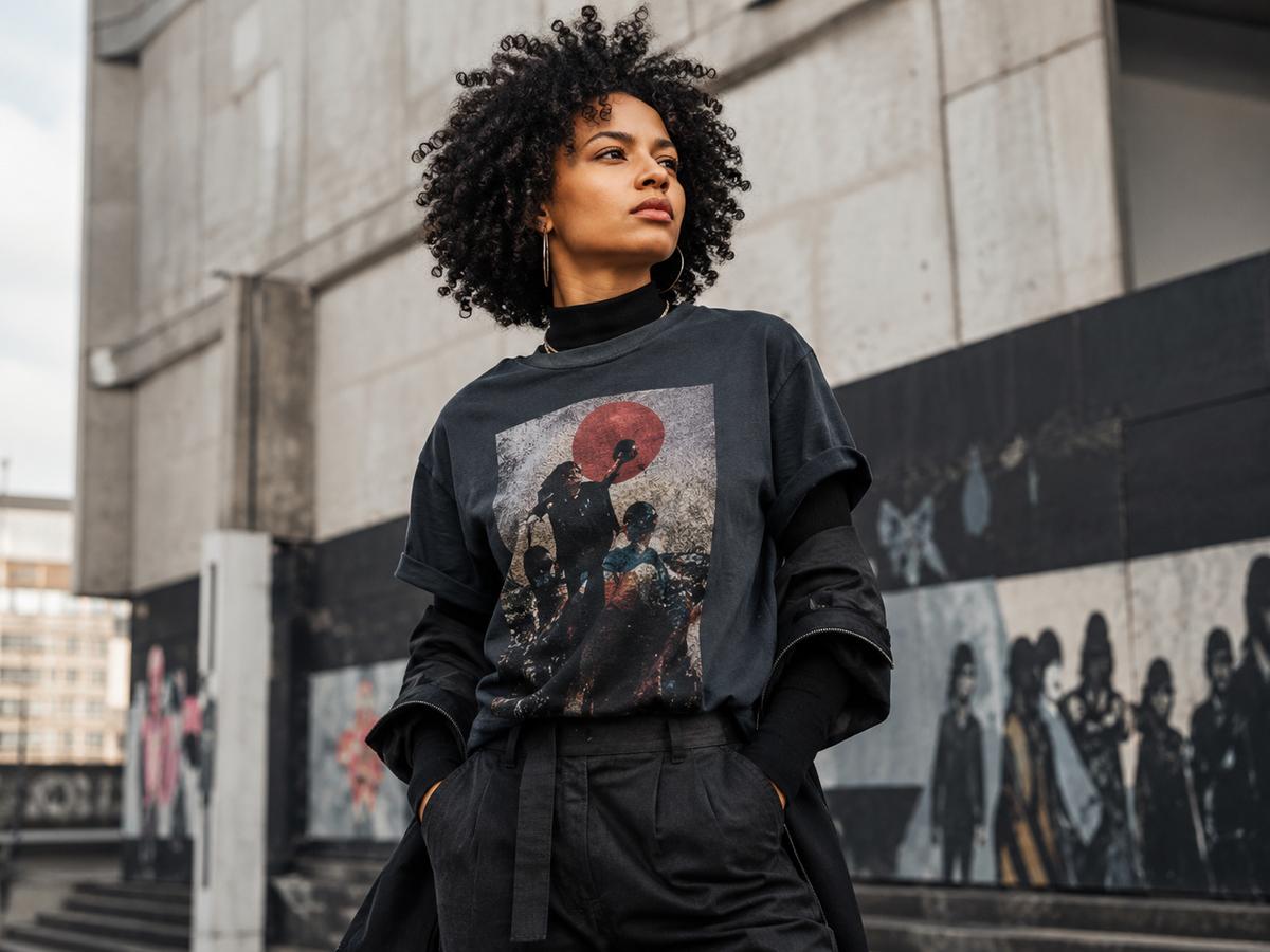 Woman wearing black activist streetwear with a protest-inspired graphic tee outside a modern concrete building