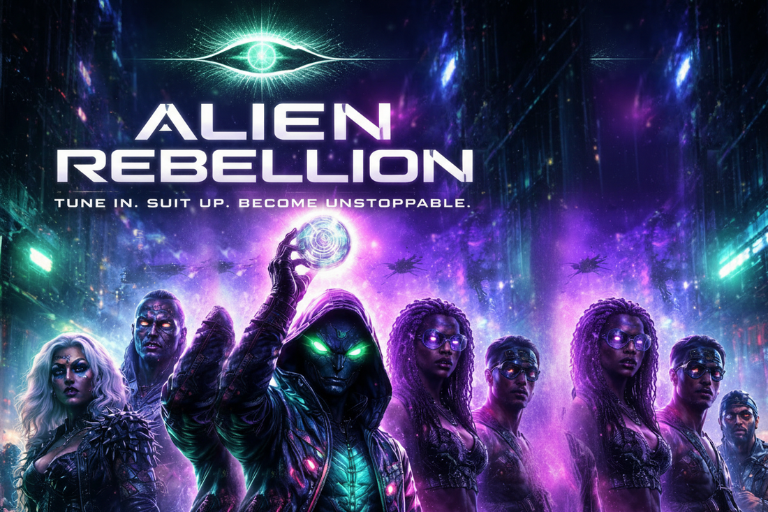 Alien Rebellion — cinematic blog header showing a hooded alien rebel holding a glowing orb with a diverse crew behind them in a neon-lit futuristic