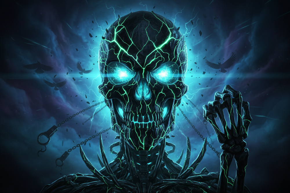Exoticool alien skull with glowing cyan eyes and broken chains representing freedom, equality and anti-hate streetwear