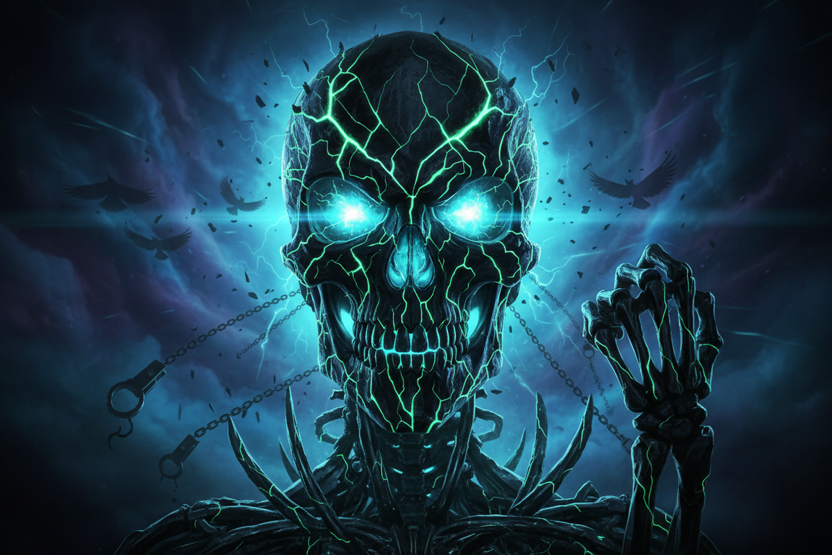 Exoticool alien skull with glowing cyan eyes and broken chains representing freedom, equality and anti-hate streetwear