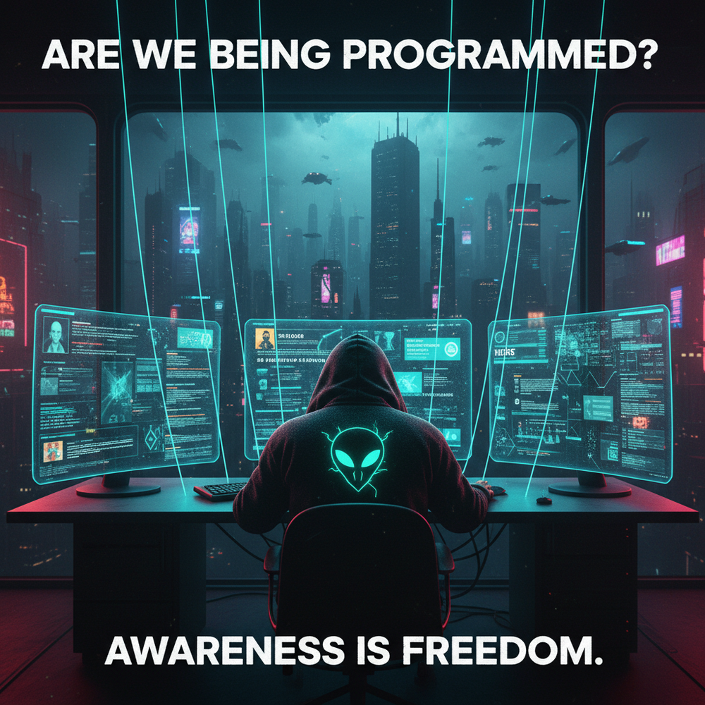 Hooded figure surrounded by algorithm-controlled screens in a cinematic cyberpunk scene representing digital influence and attention