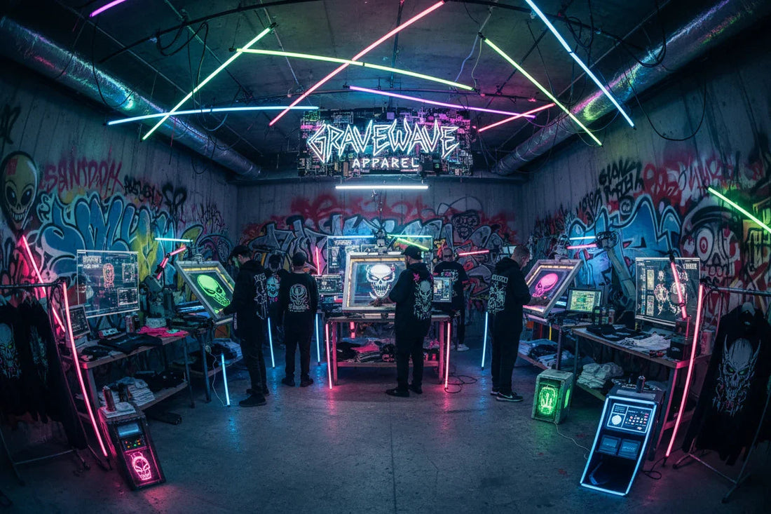 Neon-lit brand workspace with 'Gravewave Apparel' sign, graffiti walls, and artists at screens