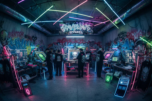 Neon-lit brand workspace with 'Gravewave Apparel' sign, graffiti walls, and artists at screens
