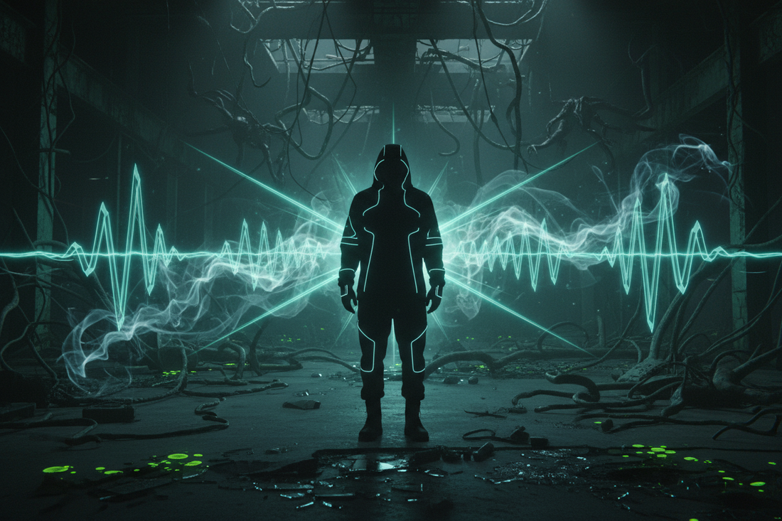 Mysterious visualization of consciousness perceiving unseen frequencies with ghostly energy patterns and neon waves - exploring paranormal perception