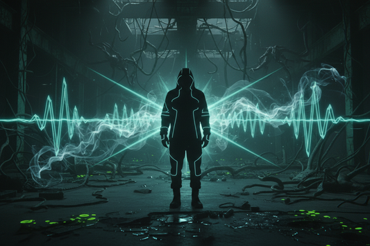Mysterious visualization of consciousness perceiving unseen frequencies with ghostly energy patterns and neon waves - exploring paranormal perception