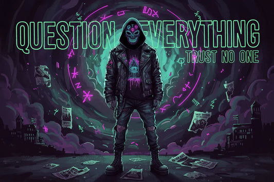 Streetwear graphic with hooded figure, neon skull mask, 'question everything' text, urban background