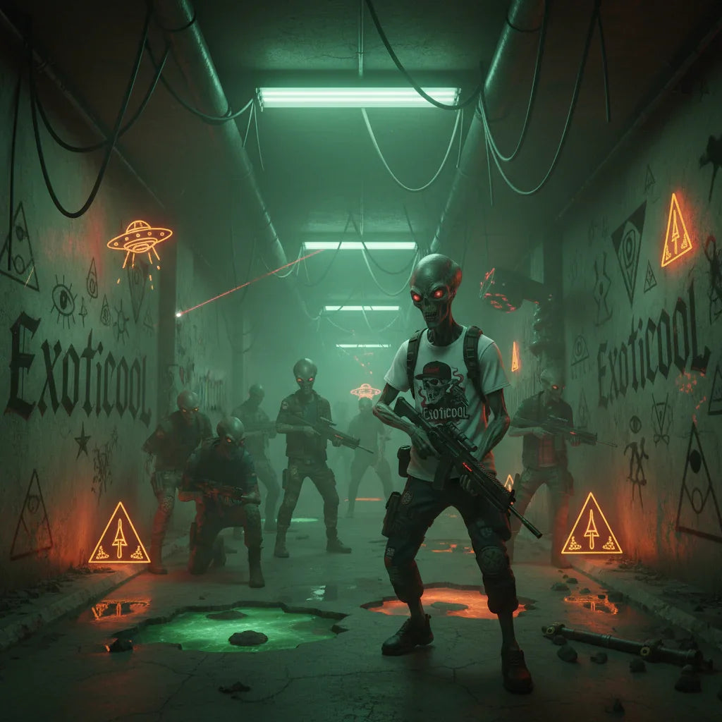 Alien soldiers in neon-lit tunnel with graffiti, glowing UFO signs, and 'Exoticool' branding