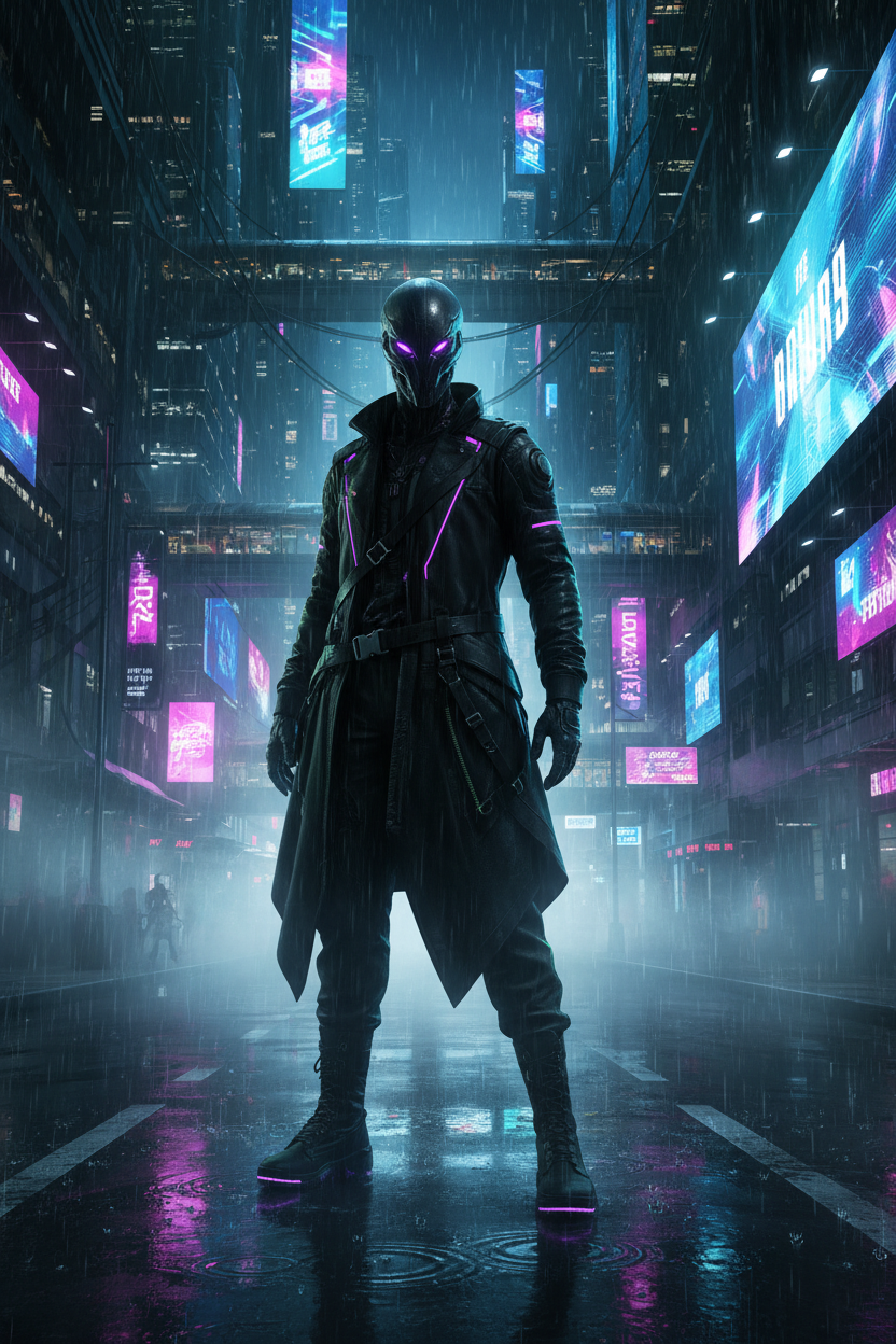 Cyberpunk outfit with dark layered streetwear in a neon-lit rainy futuristic city