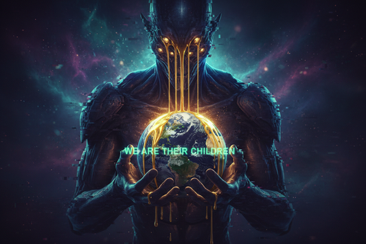Exoticool we are their children message - cosmic guardian protecting Earth with golden light and neon cyan
