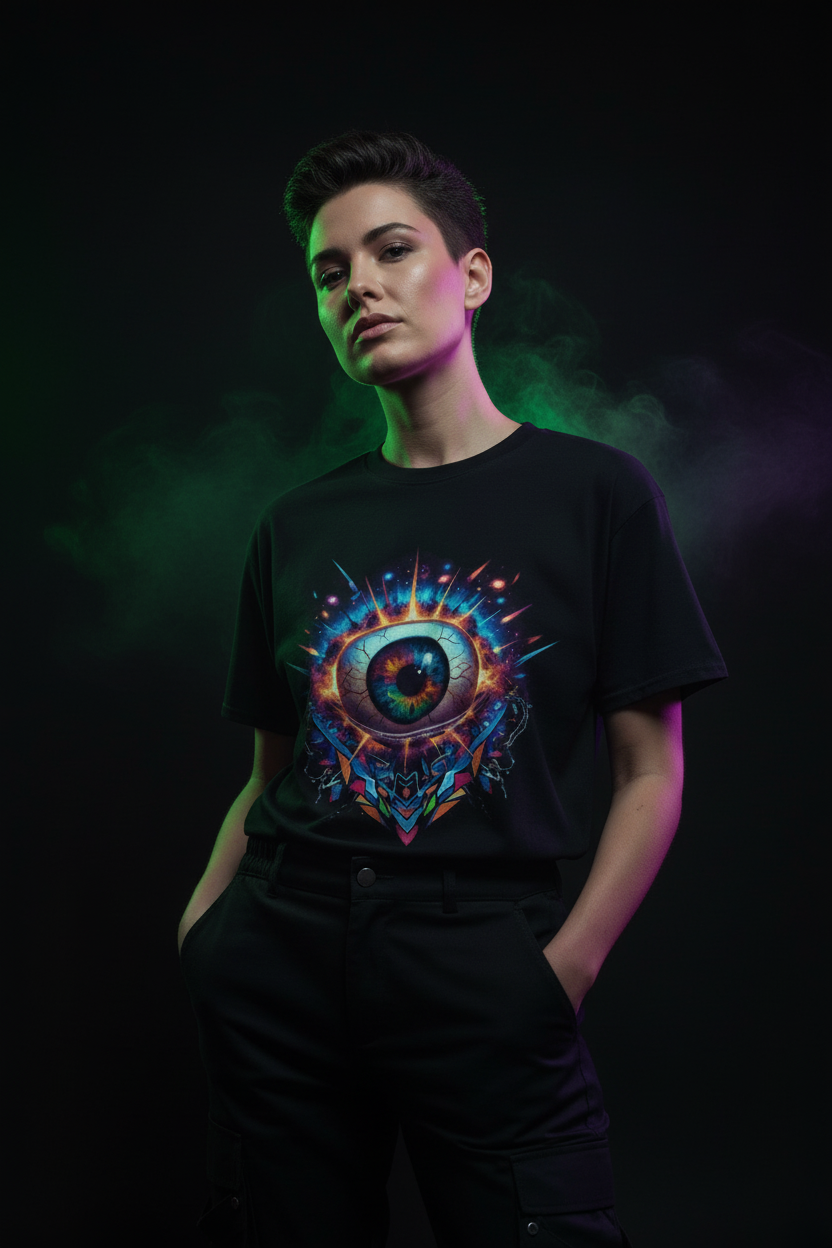 Exoticool Alien Eye Cosmic Vision tee - cinematic hero shot with cyberpunk neon streetwear aesthetic