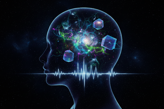 Human consciousness visualization with neural networks and cosmic dreamscapes in neon green and cyan - exploring lucid dreaming and awareness
