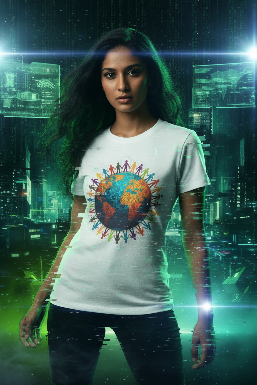 Woman wearing equality streetwear with diverse people gathered beneath a glowing globe in a futuristic neon setting