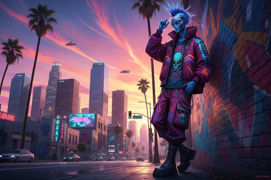 Futuristic punk alien in neon streetwear poses against graffiti wall in downtown Los Angeles at sunset.