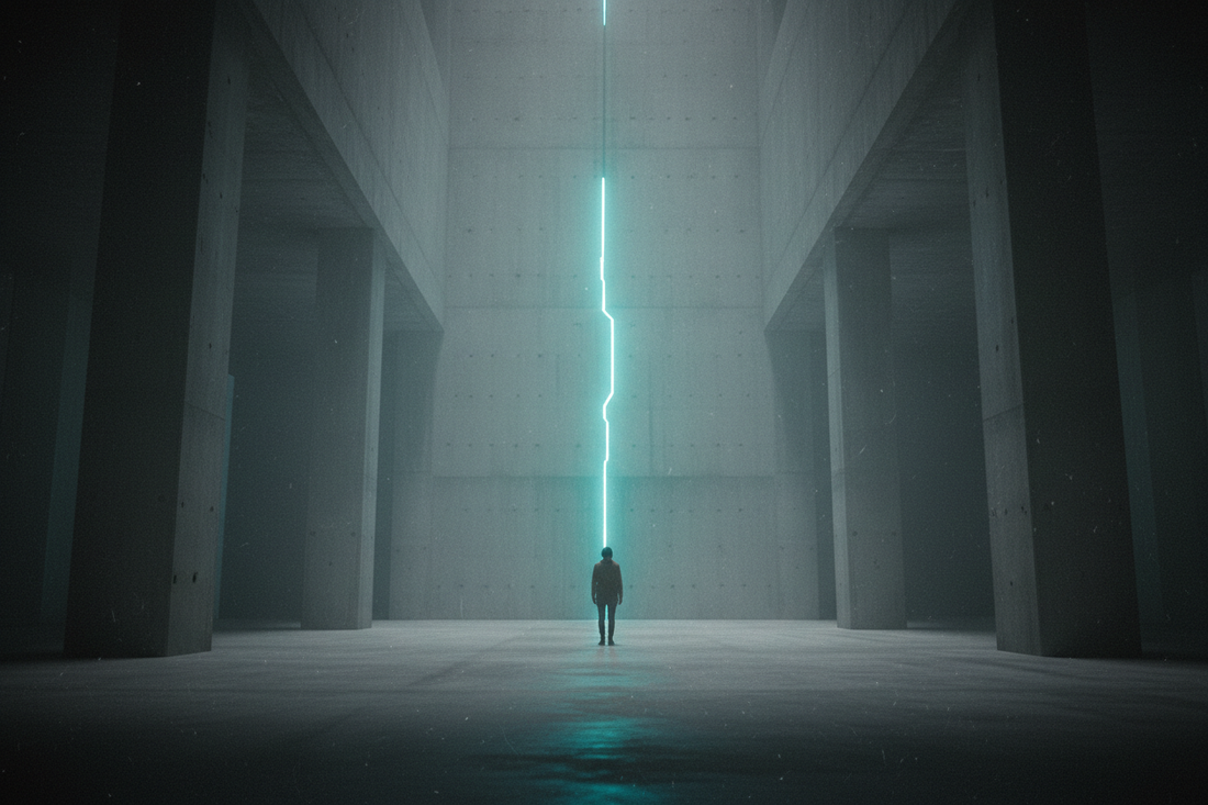 Lone figure standing in a dark brutalist space facing a cyan light signal — Exoticool alien streetwear outsider identity