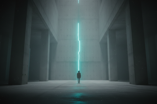 Lone figure standing in a dark brutalist space facing a cyan light signal — Exoticool alien streetwear outsider identity
