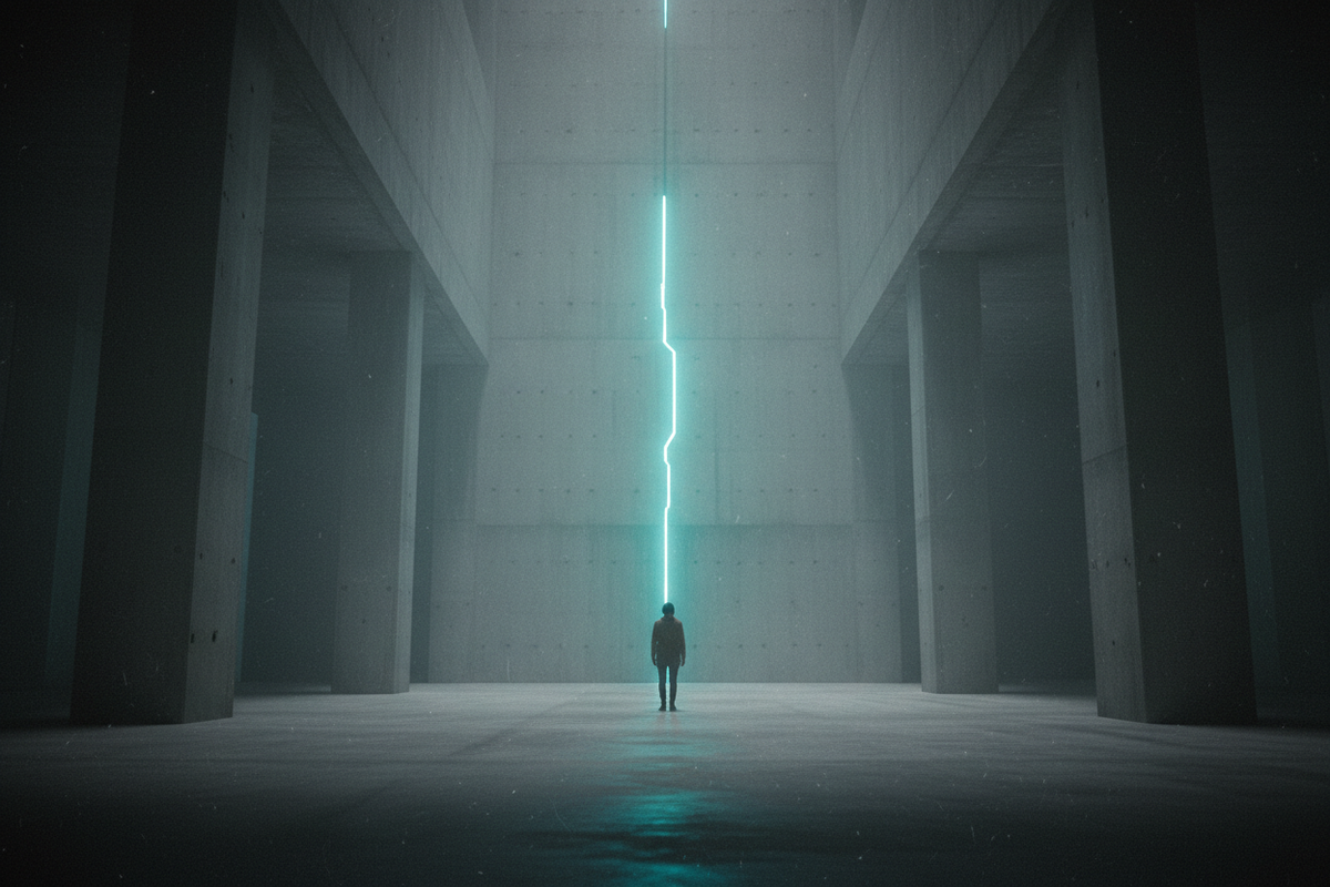 Lone figure facing a cyan light in a dark space representing outsider identity, belonging and Exoticool alien streetwear