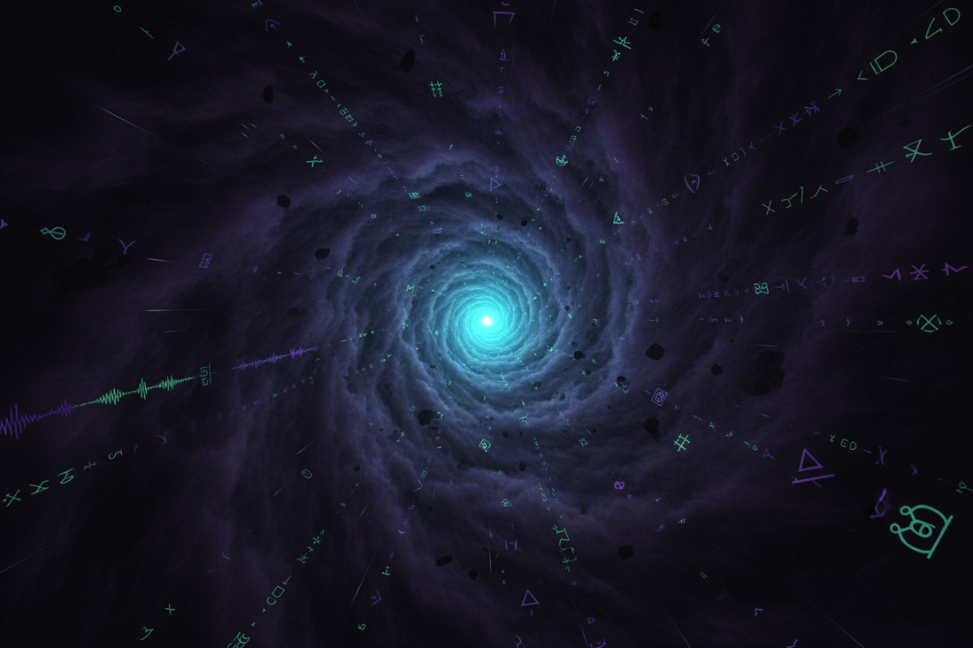 Cosmic rabbit hole vortex spiraling into deep space with electric cyan signal glow — Exoticool The Frequency Blog