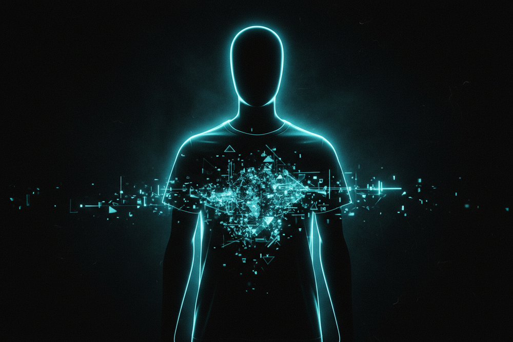 Neon cyan outlined figure wearing a black graphic T-shirt with digital signals radiating from the chest for Exoticool Signal Drop 001