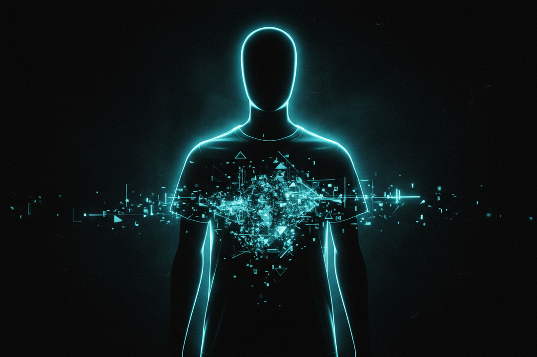 Neon cyan outlined figure wearing a black t-shirt with digital signal fragments radiating from the chest — Exoticool Signal Drop 001, clothing as transmission