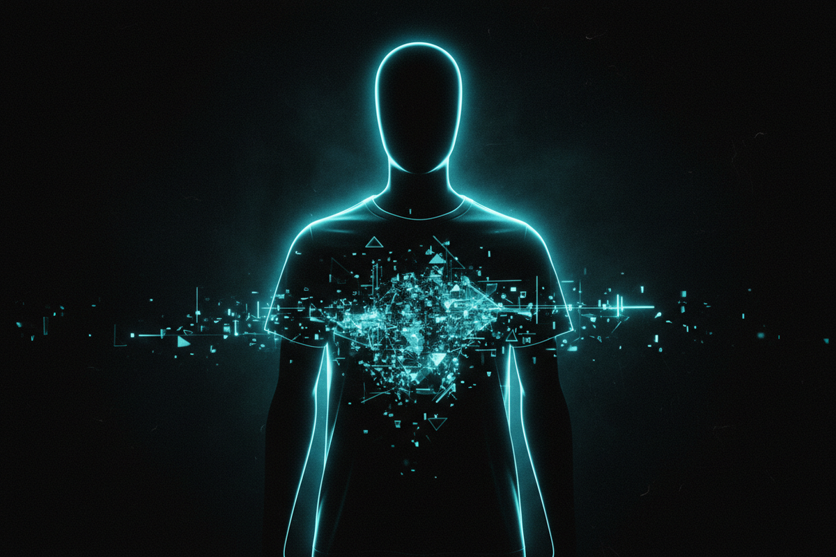 Neon cyan outlined figure wearing a black graphic T-shirt with digital signals radiating from the chest for Exoticool Signal Drop 001
