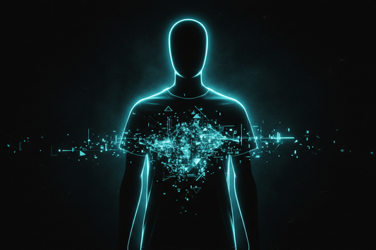 Neon cyan outlined figure wearing a black t-shirt with digital signal fragments radiating from the chest — Exoticool Signal Drop 001, clothing as transmission