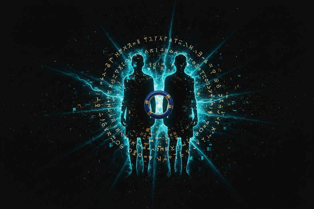 Lapis lazuli ring floating in dark space with ancient symbols, doppelgänger silhouette, and electric cyan glow — The Lapis Code