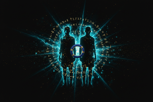 Lapis lazuli ring floating in dark space with ancient symbols, doppelgänger silhouette, and electric cyan glow — The Lapis Code