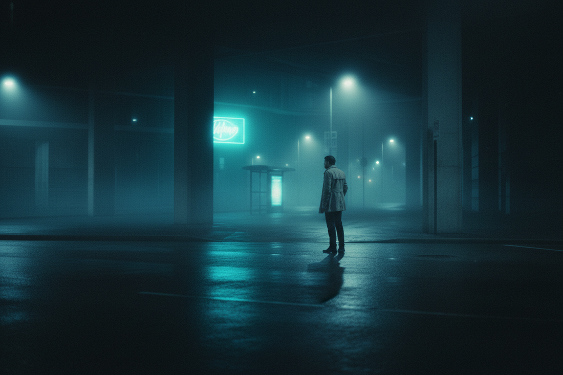 Lone figure standing alone on a fog-filled night street, neon cyan glow reflecting in wet pavement, dark urban environment — Exoticool Outsiders, isolation and quiet power