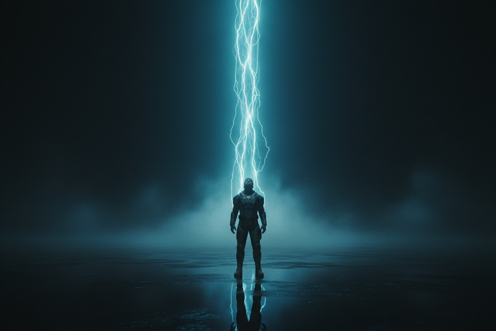 Lone figure standing beneath a descending beam of electric cyan light in a vast dark fog-filled space — cinematic discovery moment, Exoticool Signal aesthetic