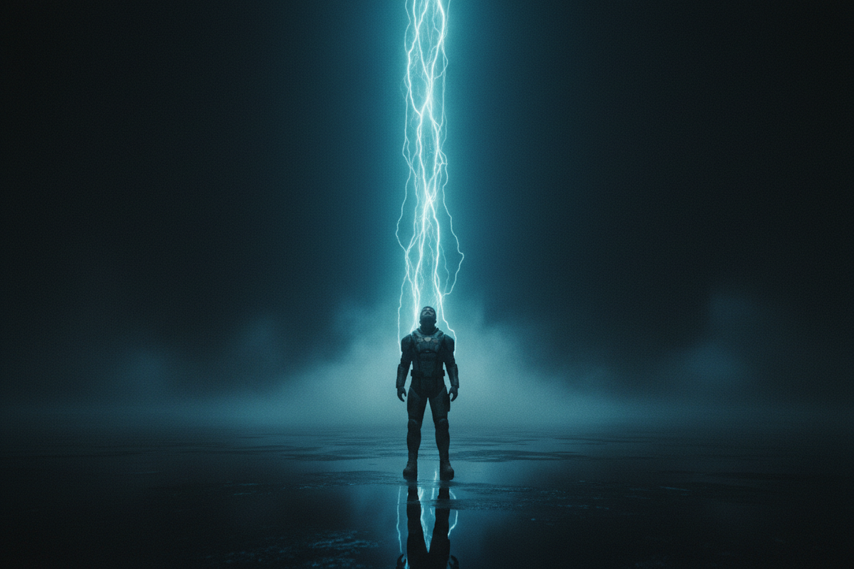 Lone figure standing beneath a descending beam of electric cyan light in a vast dark fog-filled space — cinematic discovery moment, Exoticool Signal aesthetic