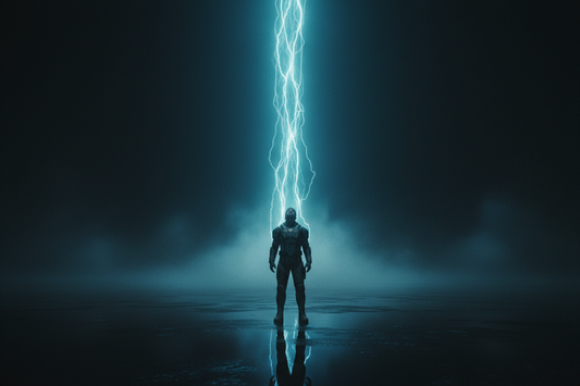 Lone figure standing beneath a descending beam of electric cyan light in a vast dark fog-filled space — cinematic discovery moment, Exoticool Signal aesthetic
