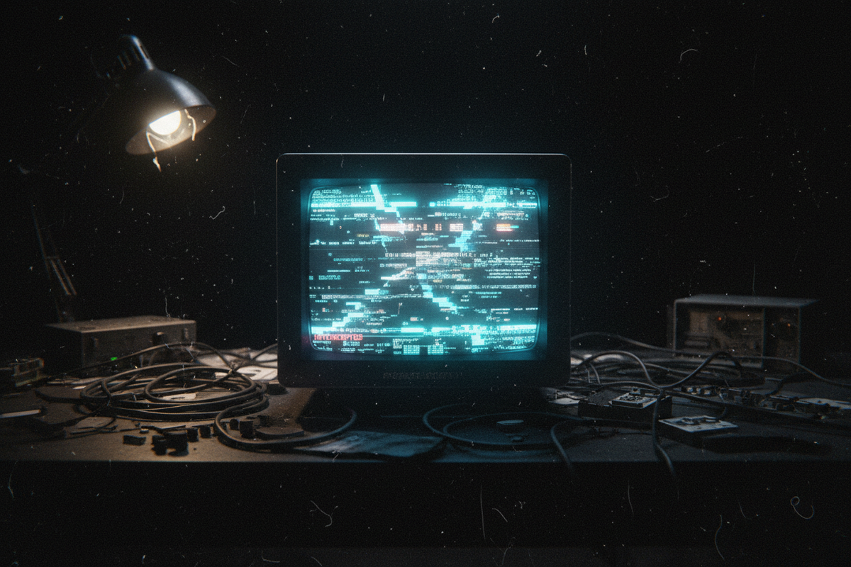 Glitching CRT monitor displaying decoded Exoticool transmissions for an alien streetwear brand built for outsiders