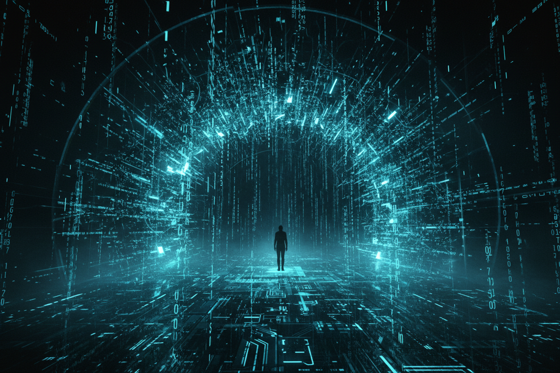 A lone silhouette standing inside a vast tunnel of cascading cyan data streams — one person seeing through the noise while the world scrolls past.