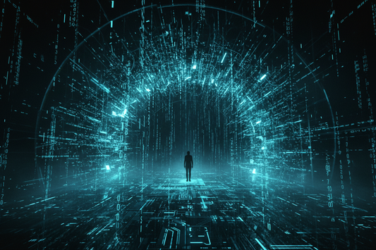 A lone silhouette standing inside a vast tunnel of cascading cyan data streams — one person seeing through the noise while the world scrolls past.