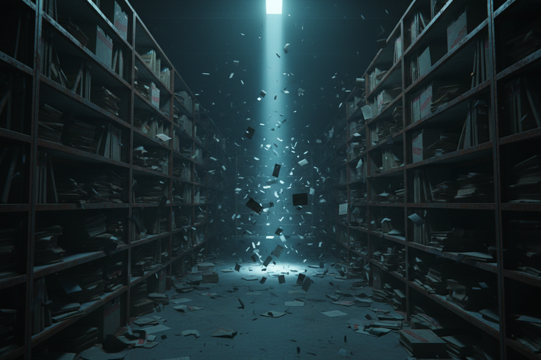 An infinite archive room stretching into darkness, walls lined with scattered redacted documents floating like ash, a single beam of electric cyan light cutting through the chaos — truth existing but impossible to fully assemble
