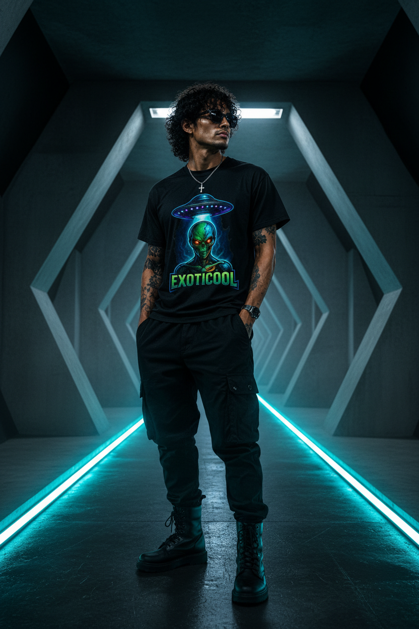 Adult model styling an Exoticool alien graphic tee with black cargo pants and a bomber jacket in a futuristic urban setting