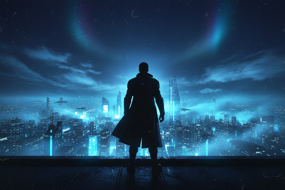 Lone silhouette overlooking a neon cyan futuristic city for Exoticool Transmission 001, You Were Never Meant to Fit In